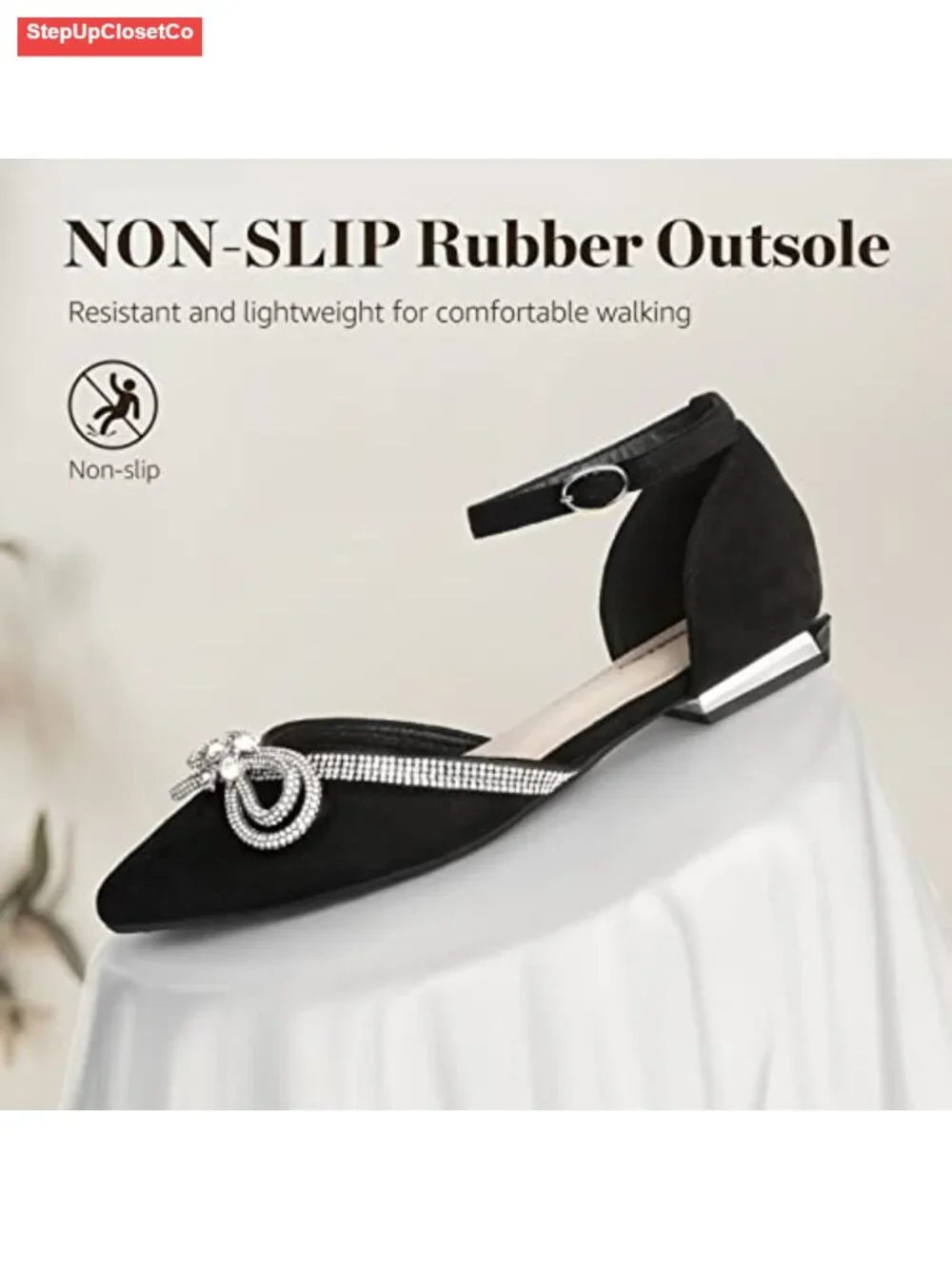 Pointed Toe Rhinestone Bow Flats with Ankle Strap - Dressy